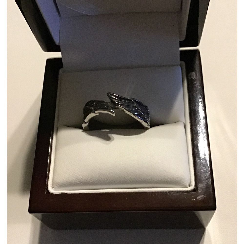 Silver Etched Angel Wing Split Band Ring Sz 8
